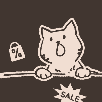 Cat with a sale sticker—final call for fan-favorite cat accessories.