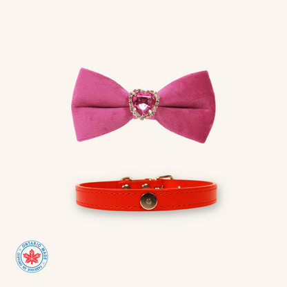 Modular Cat Collar with Bright Pink Velvet Bow and Zircon Shine