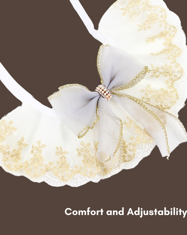 Elegant Pearl & Diamond White Smoke Lace Collar with Gold Trim