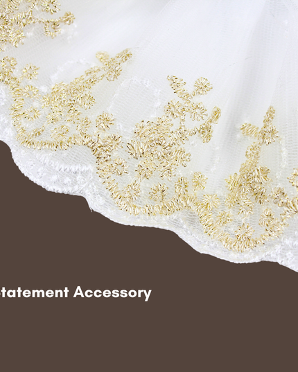 Elegant Pearl & Diamond White Smoke Lace Collar with Gold Trim
