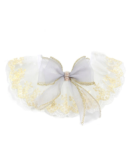 Elegant Pearl & Diamond White Smoke Lace Collar with Gold Trim