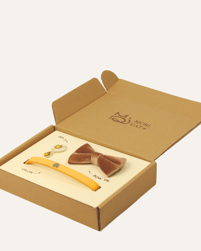 MoriCat Premium Gift Bundle Box with Teardrop Jewel in Citrine on Gold Collar with Golden Bowtie