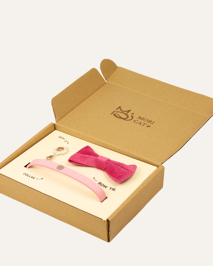 MoriCat Premium Gift Bundle Box with Teardrop Jewel in Rose on Pink Collar with Pink Bowtie