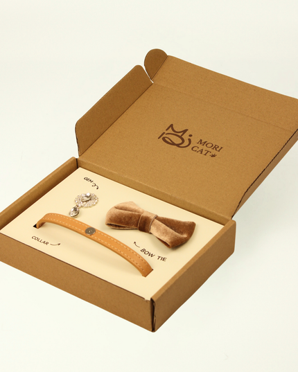 MoriCat Premium Gift Bundle Box with Teardrop Jewel in Crystal on Beige Collar with Golden Bowtie