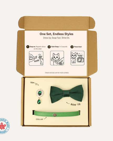 MoriCat Premium Gift Bundle Box with Teardrop Jewel in Emerald on Green Collar with Green Bowtie
