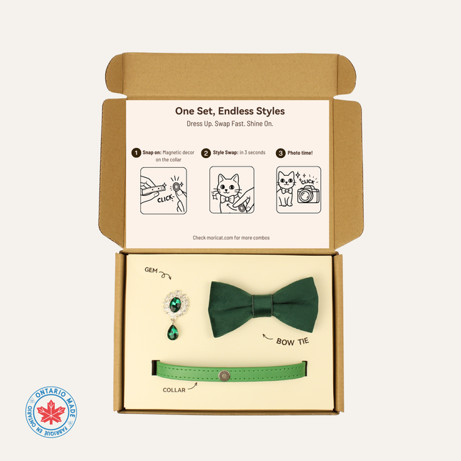 MoriCat Premium Gift Bundle Box with Teardrop Jewel in Emerald on Green Collar with Green Bowtie