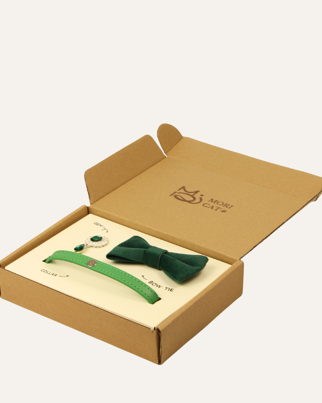 MoriCat Premium Gift Bundle Box with Teardrop Jewel in Emerald on Green Collar with Green Bowtie