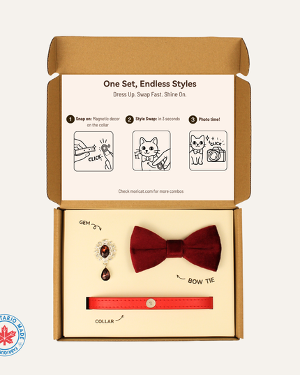 MoriCat Premium Gift Bundle Box with Teardrop Jewel in Ruby on Red Collar with Red Bowtie