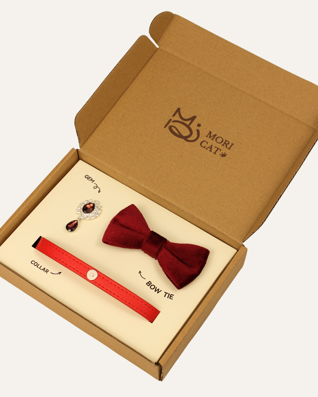 MoriCat Premium Gift Bundle Box with Teardrop Jewel in Ruby on Red Collar with Red Bowtie