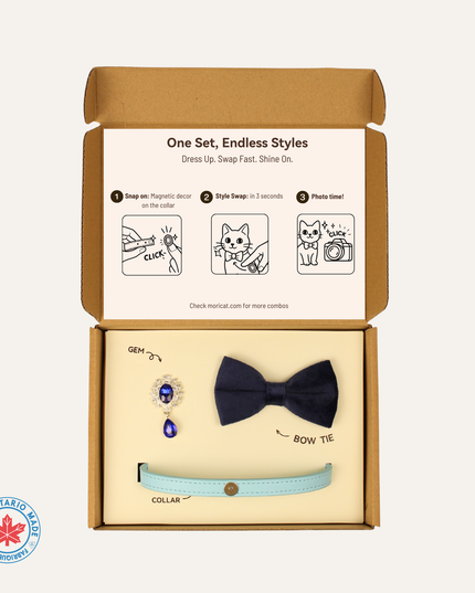 MoriCat Premium Gift Bundle Box with Teardrop Jewel in Sapphire on Blue Collar with Deep Blue Bowtie