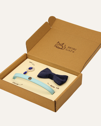 MoriCat Premium Gift Bundle Box with Teardrop Jewel in Sapphire on Blue Collar with Deep Blue Bowtie