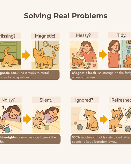 Illustrated how moricat woll cat toy solving common cat problems e.g. missing toy; noisy play and toy fatigue