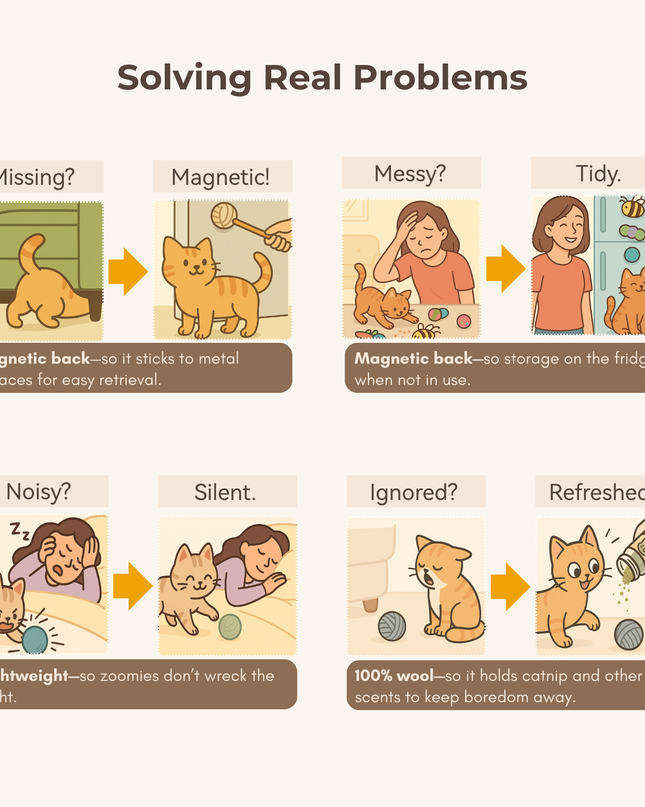 Illustrated how moricat woll cat toy solving common cat problems e.g. missing toy; noisy play and toy fatigue