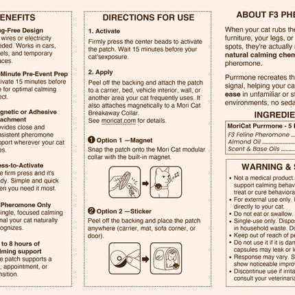 A product information sheet for Morii Cat F3 Pheromone, featuring a key benefits section, directions for use with step-by-step illustrations, product ingredients, and warning and safety guidelines.