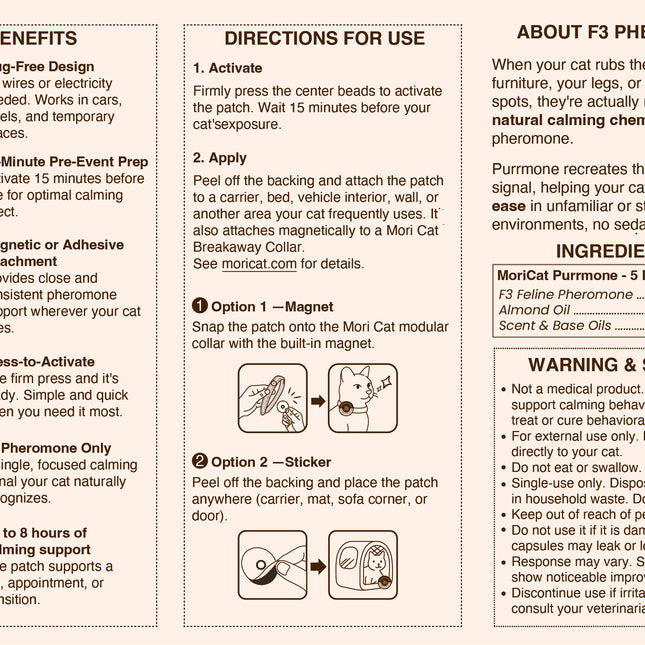 A product information sheet for Morii Cat F3 Pheromone, featuring a key benefits section, directions for use with step-by-step illustrations, product ingredients, and warning and safety guidelines.