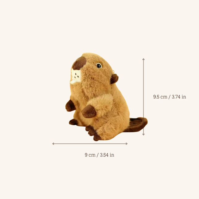 A small brown plush beaver toy centered on a light beige background, with measurement arrows and text showing width as 9 cm / 3.54 in and height as 9.