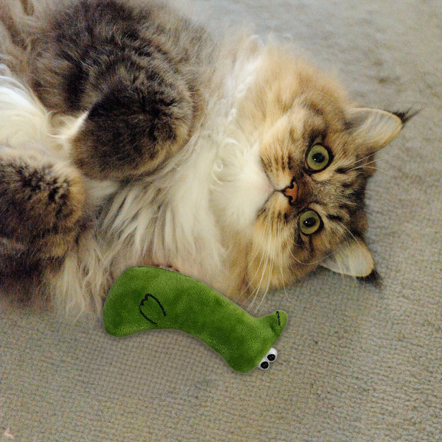 A fluffy long-haired cat lies on a gray carpet next to a green plush toy with googly eyes.