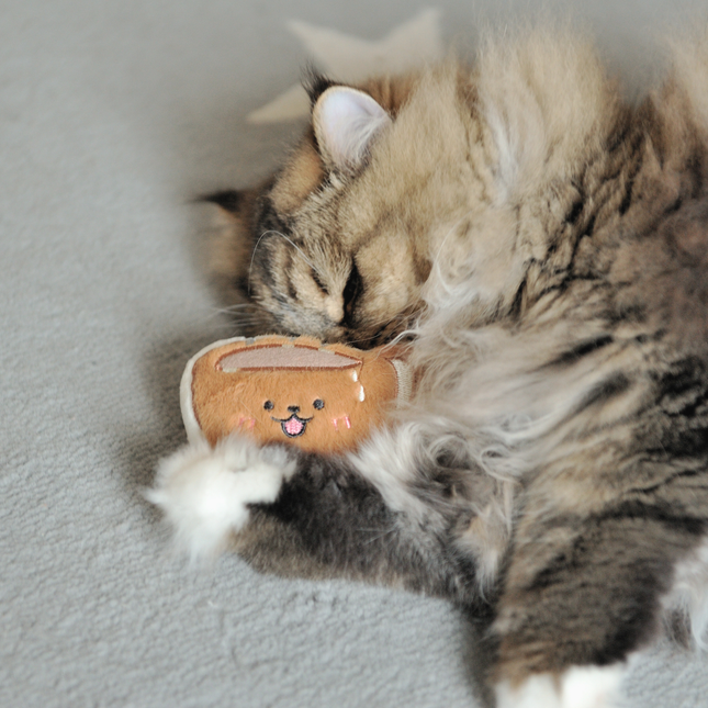 A fluffy brown and white cat sleeping while holding a small plush hot dog toy with a cute face.