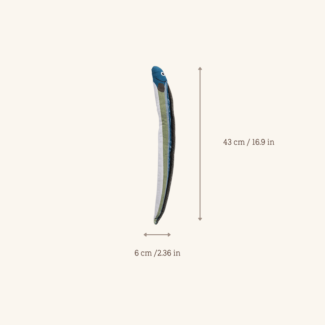 A slim curved product shown on a plain light beige background with dimension arrows and text indicating 43 cm length and 6 cm width.