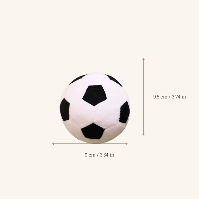 A black and white soccer ball plush toy with dimension lines and text indicating a height of 9.5 cm (3.