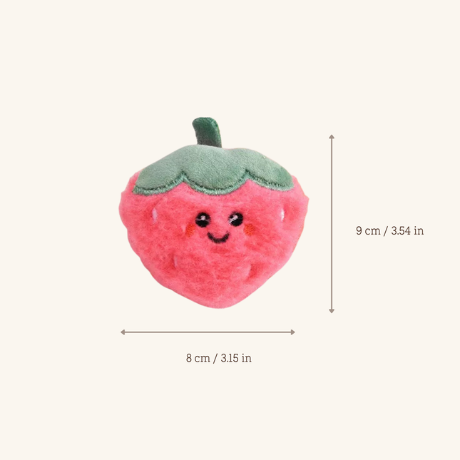A small plush strawberry toy with a smiling face, shown on a plain light beige background with dimension arrows and text indicating 8 cm wide by 9 cm tall.
