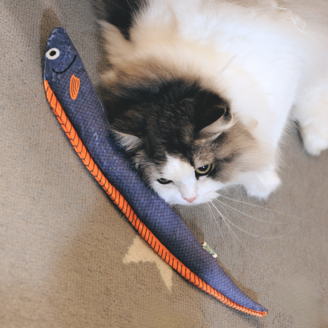 Fluffy long-haired cat resting its chin on a long navy blue fish cat toy with orange fins, on a beige carpet