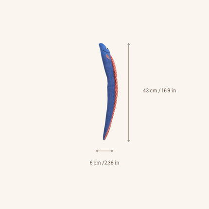 A blue and red eel-shaped plush toy is shown on a light beige background with dimension arrows and text indicating a height of 43 cm (16.9 in) and a width of 6 cm (2.