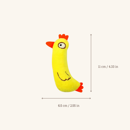 Yellow plush chicken toy with red accents, shown with dimension arrows and text indicating 6.5 cm width and 11 cm height on a light beige background.