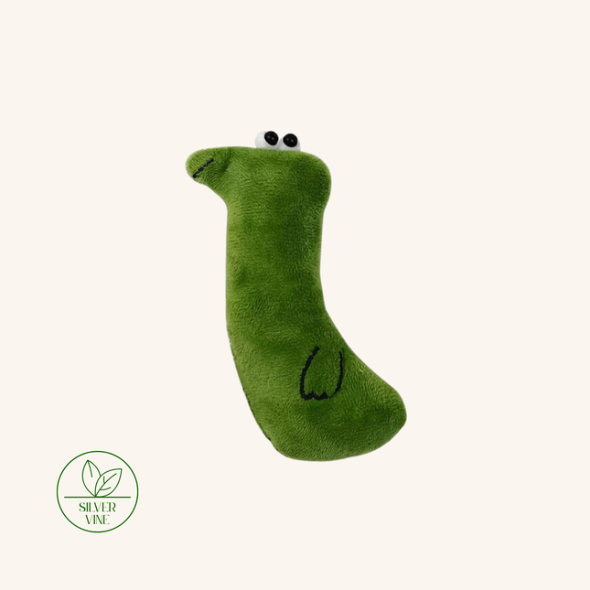 A green plush snake toy with black eyes and a stitched smile, shown on a light cream background with a Silver Vine logo in the bottom-left corner.
