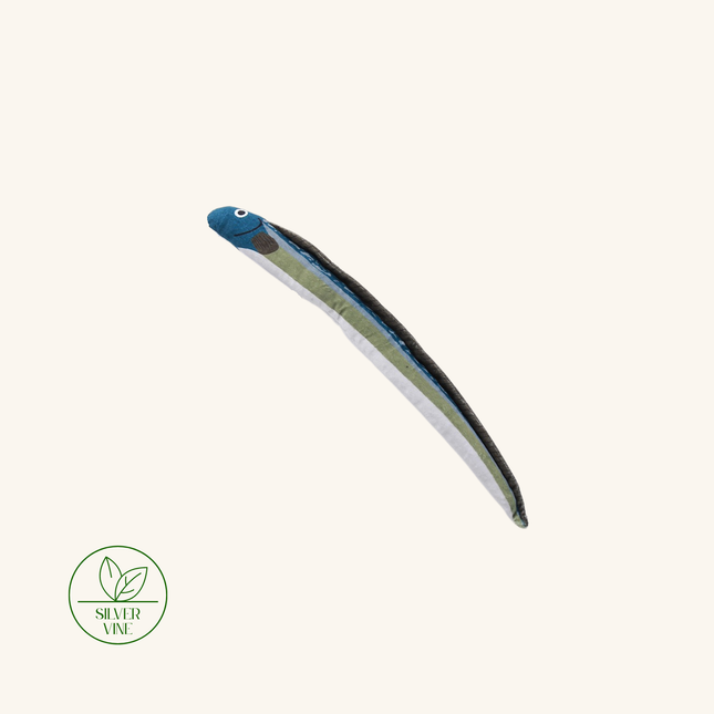 A long, slender eel-shaped plush pillow with a blue head, dark back, and silver-green sides, shown on a plain light beige background. A green 'Silver Vine' logo appears in the lower-left corner.