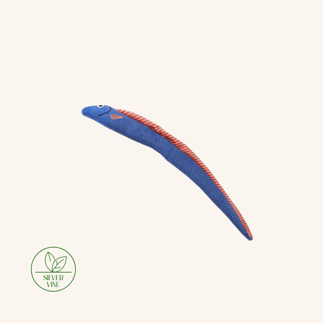 A curved, eel-shaped plush toy or decorative figure in textured blue fabric with a red-orange striped border and a small white eye, shown on a plain light beige background. A green 'Silver Vine' logo appears in the lower-left corner.